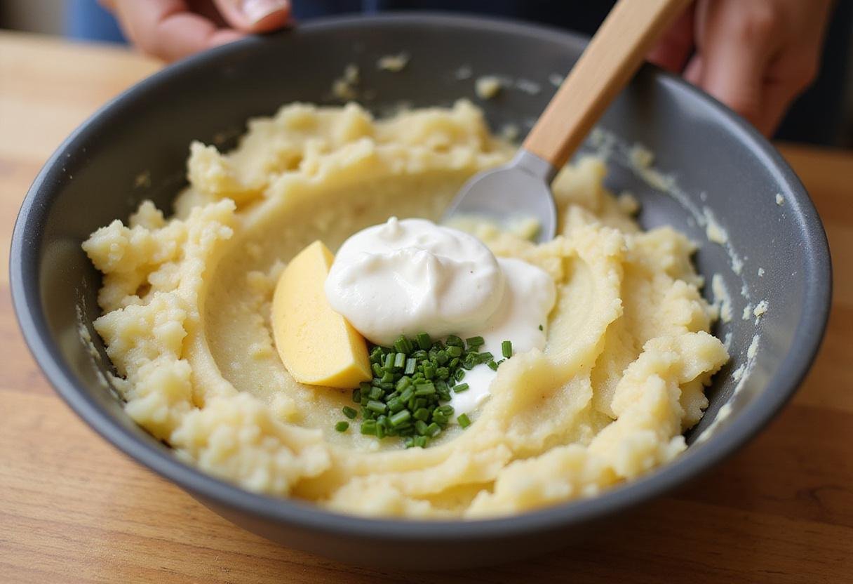 Starbucks potato chive bake recipe ingredients being mixed together, including mashed potatoes and chopped chives for a delicious blend.