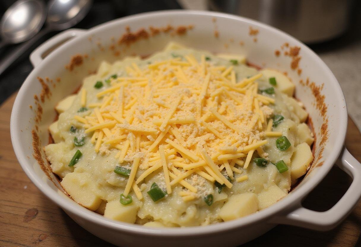Preparing Starbucks potato chive bake by filling a baking dish with creamy potato chive mixture topped with cheese for a savory flavor.