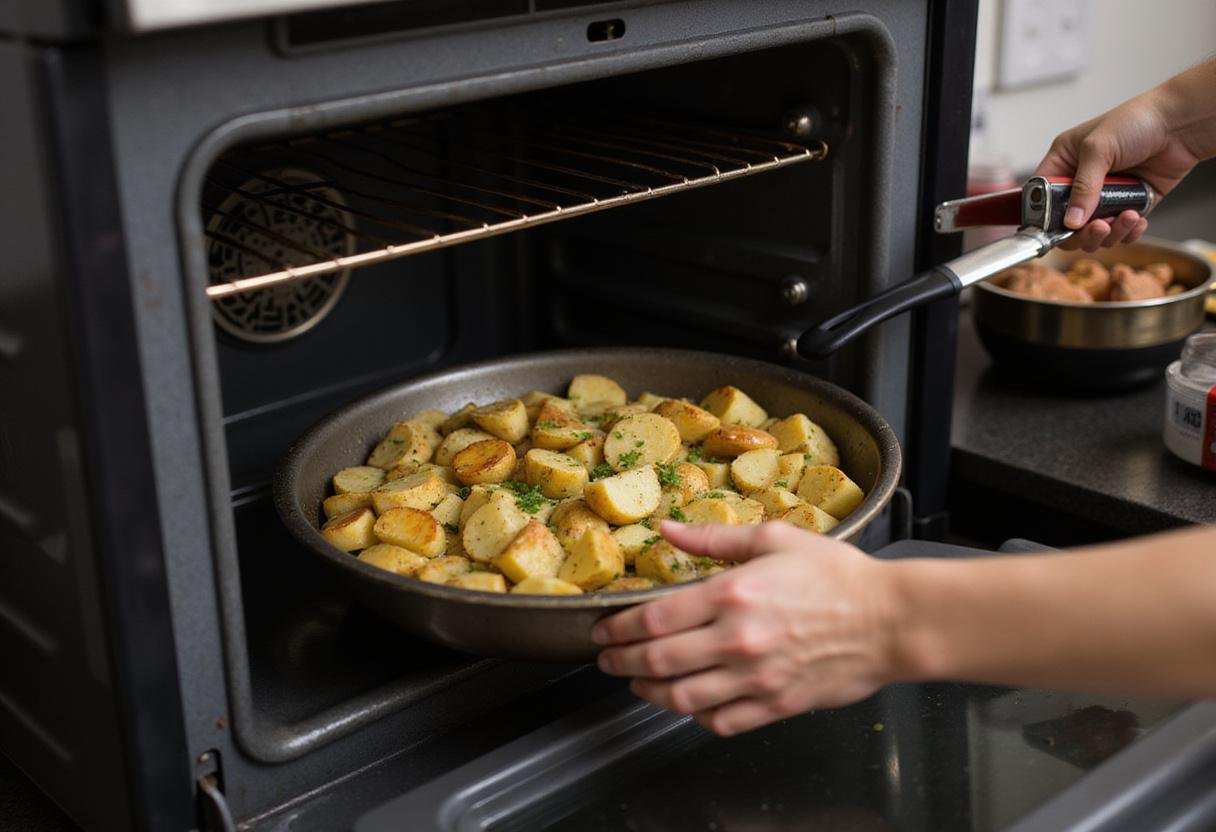 Starbucks potato chive bake cooking in the oven, showcasing the golden top and bubbling cheese for an appetizing appearance.