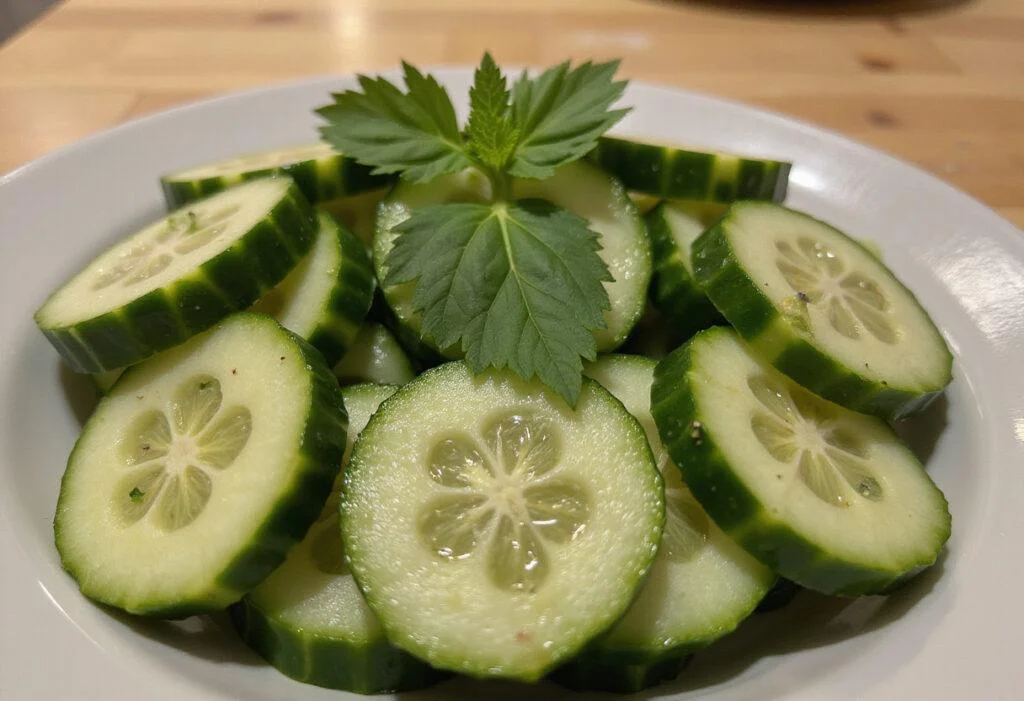 A delicious close-up of straight 8 cucumber salad showcasing the freshness and color of the dish.