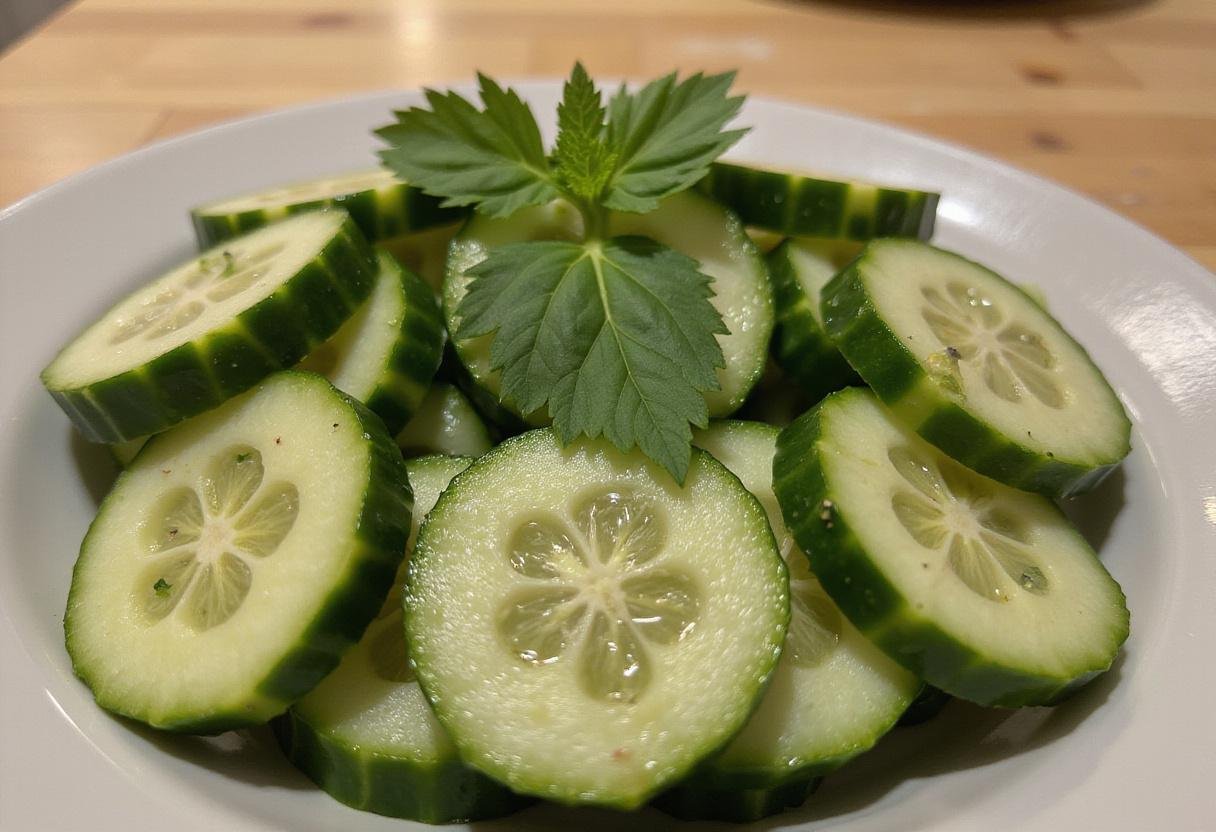 A delicious close-up of straight 8 cucumber salad showcasing the freshness and color of the dish.