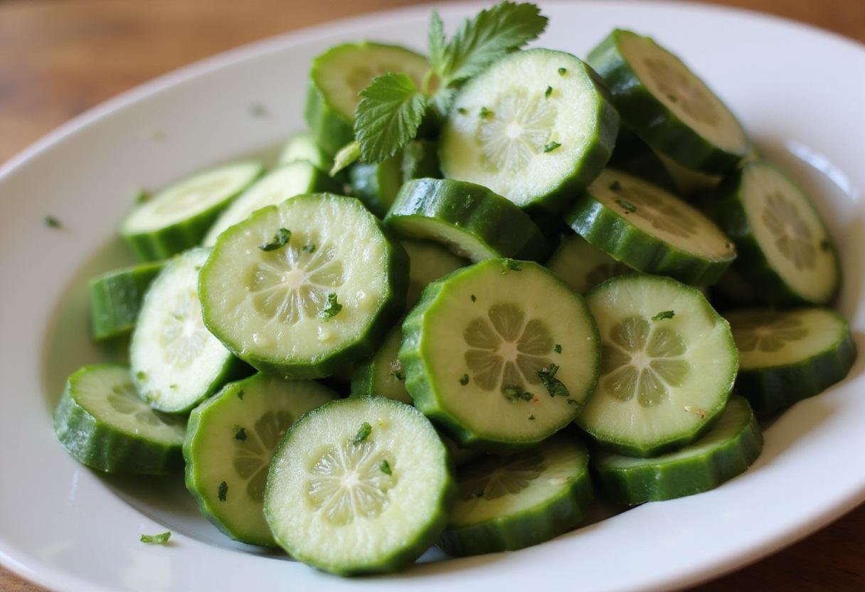 A delicious close-up of straight 8 cucumber salad showcasing the freshness and color of the dish.