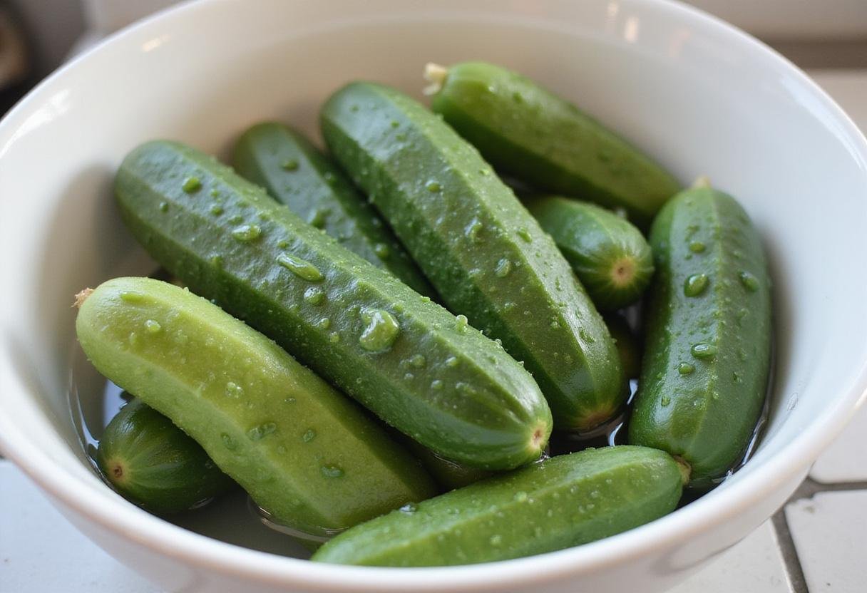Fresh straight 8 cucumbers being washed to prepare for a refreshing dish.