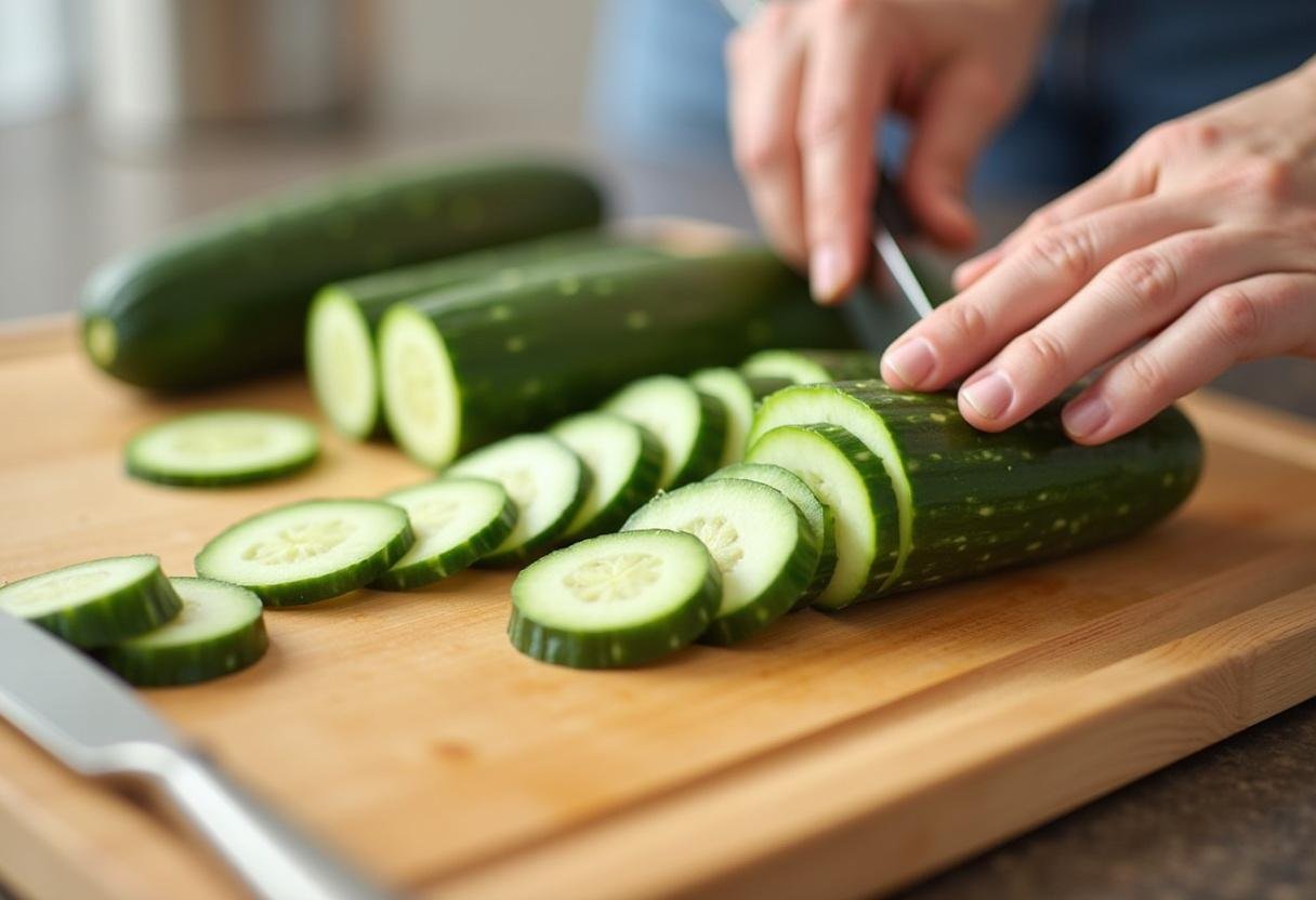 Slicing straight 8 cucumbers into thin rounds for a perfect salad or dish.