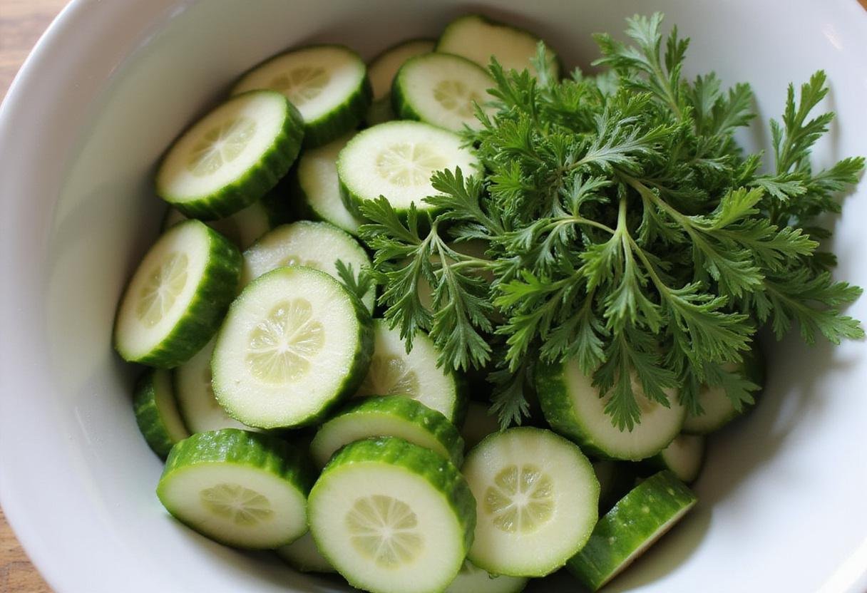 Combining sliced straight 8 cucumbers with fresh herbs for added flavor.