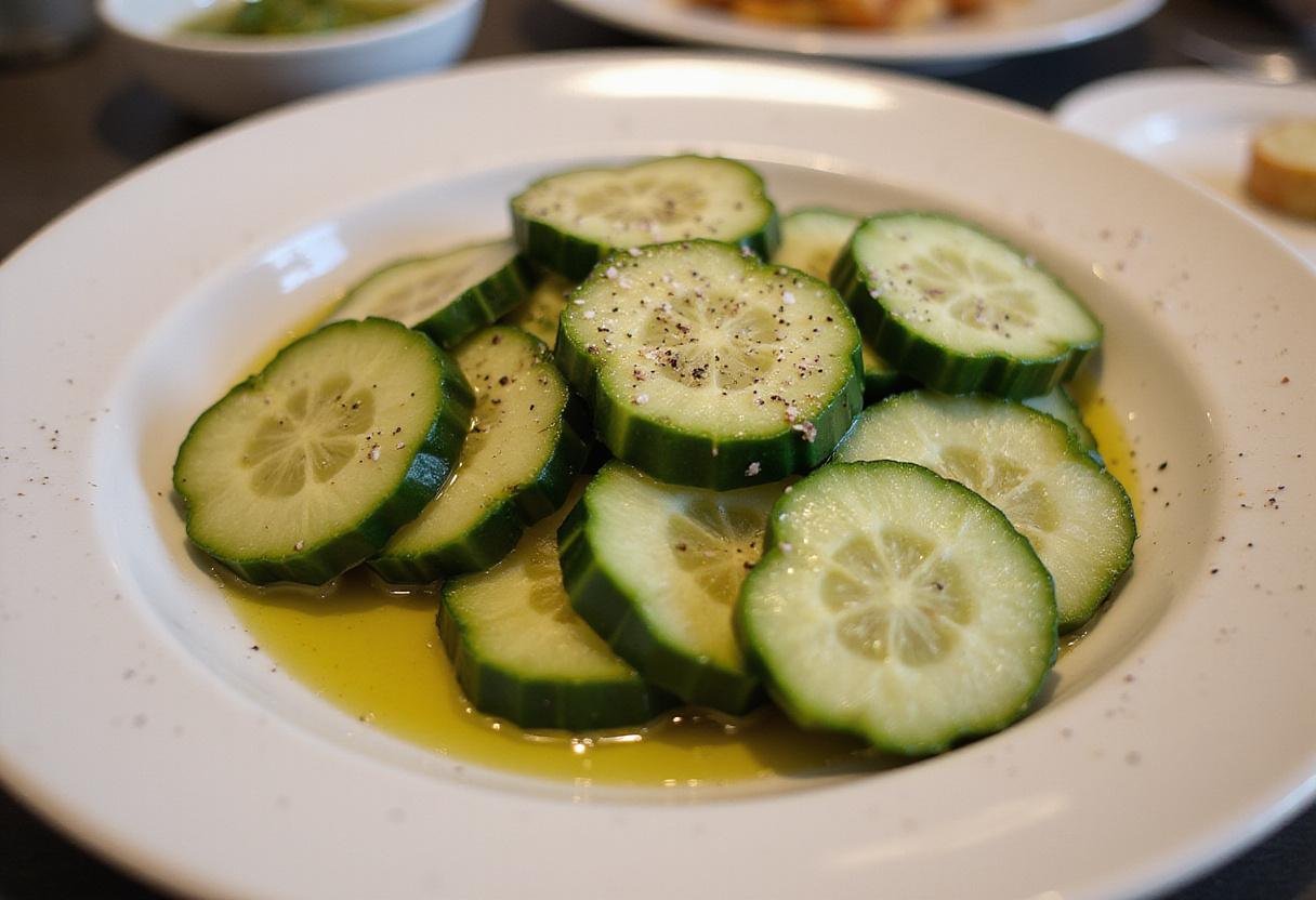 Serving a stunning cucumber salad featuring straight 8 cucumbers, garnished elegantly.