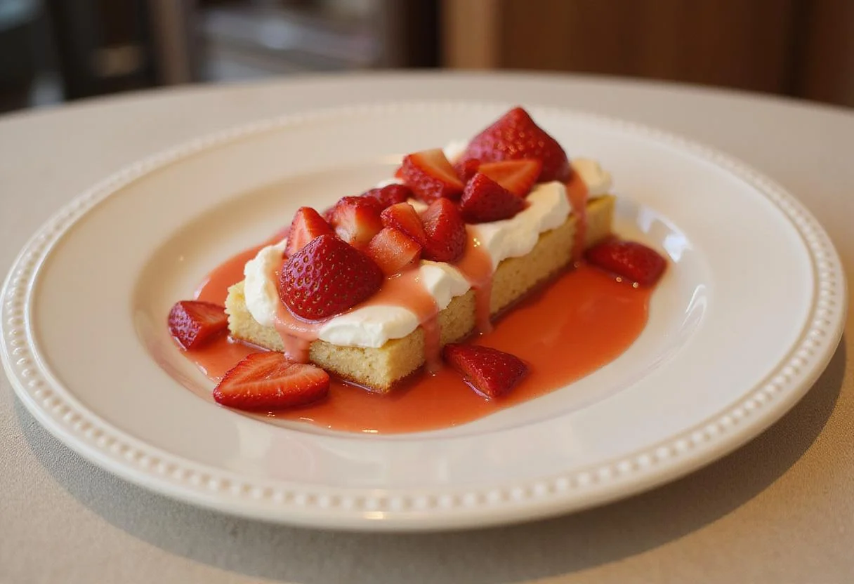 Final presentation of the Strawberry Blonde Delight dessert, highlighting the layers of strawberry and cream that make it a delightful treat.