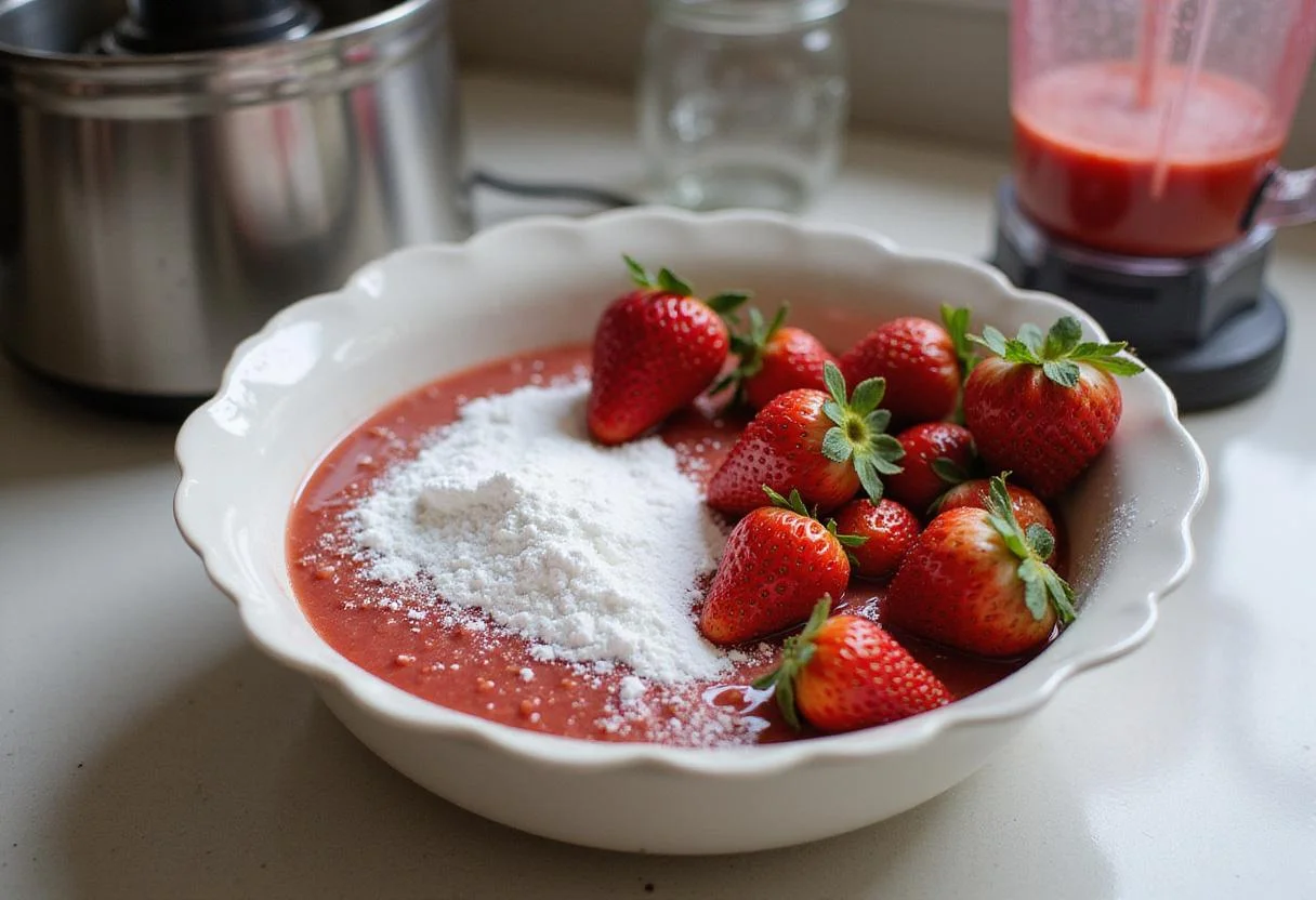 Fresh strawberries on a kitchen countertop, preparing to create a delicious Strawberry Blonde Delight recipe with natural ingredients.