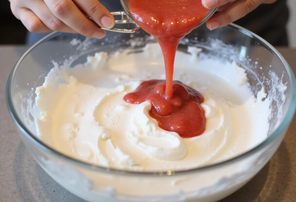 Whipped cream and strawberry puree being combined in a mixing bowl, showcasing the creamy texture of the Strawberry Blonde Delight dessert.
