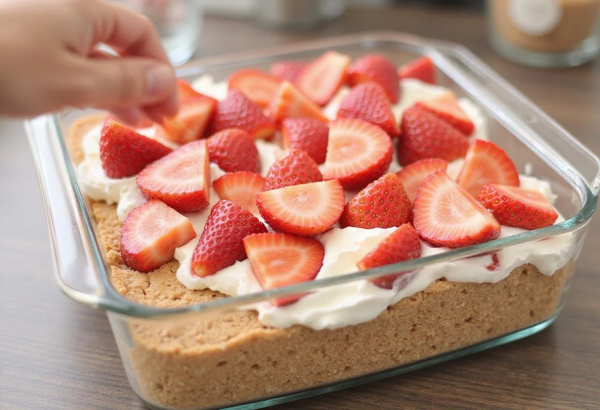 Layering the Strawberry Blonde Delight dessert with crushed graham crackers and strawberry whipped cream, highlighting the delicious textures.