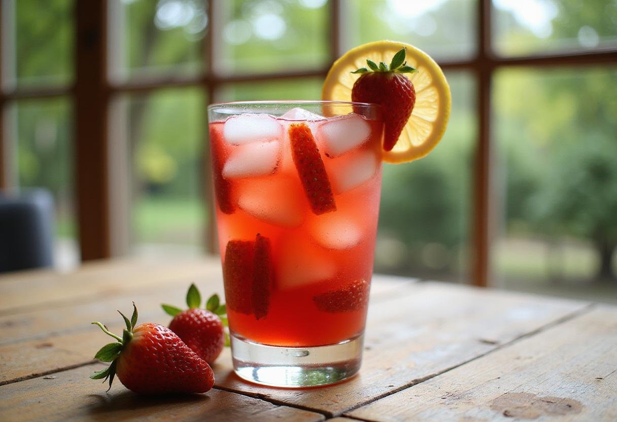 Delicious country time strawberry lemonade drink served in a glass, showcasing a refreshing summer beverage with vibrant fruit garnishes.