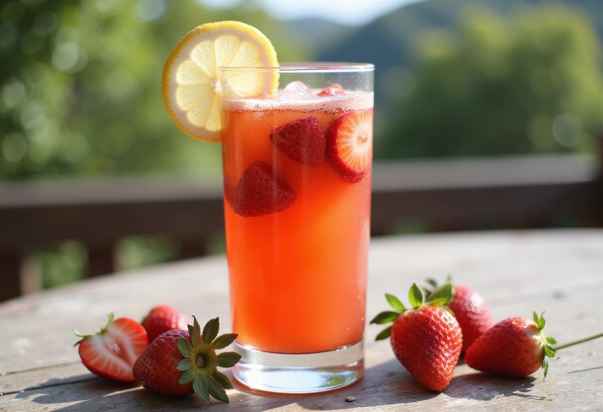 Delicious country time strawberry lemonade drink served in a glass, showcasing a refreshing summer beverage with vibrant fruit garnishes.