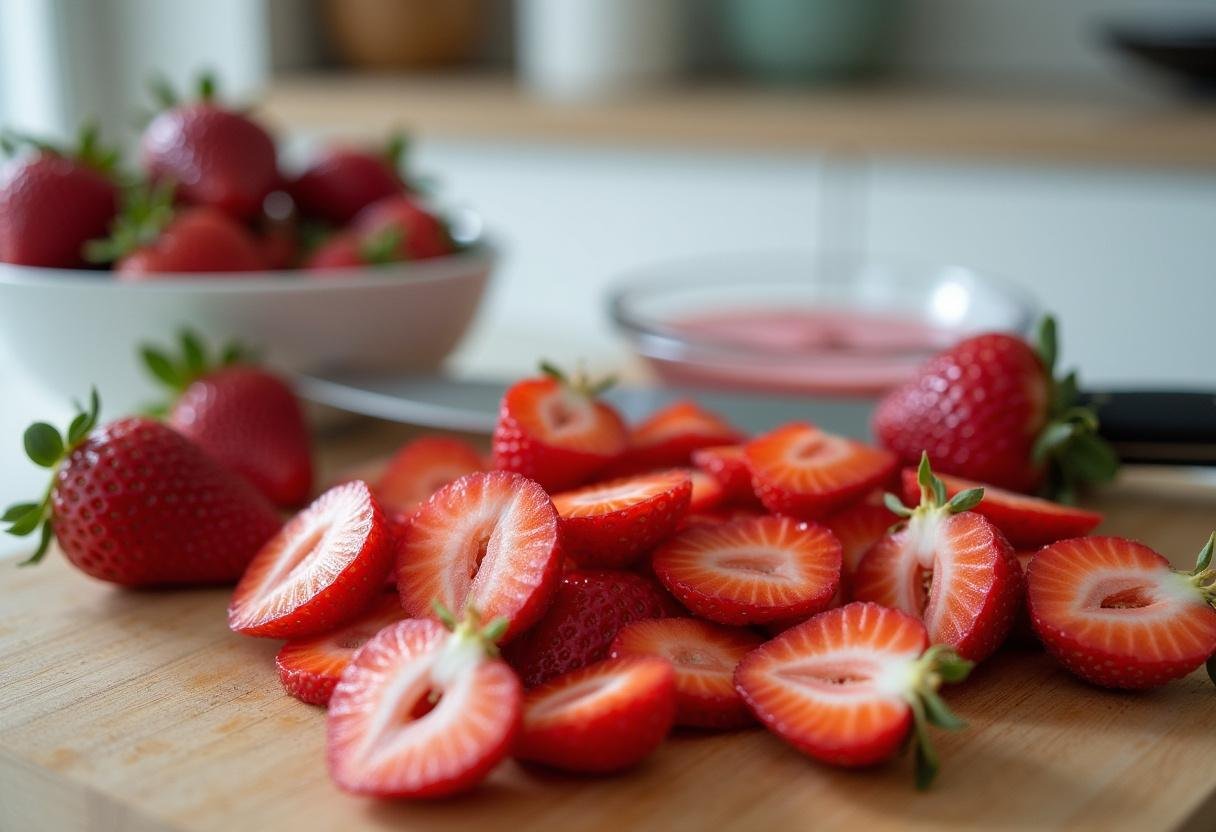 Fresh strawberries being sliced for delicious country time strawberry lemonade, showcasing vibrant red fruit on a cutting board.