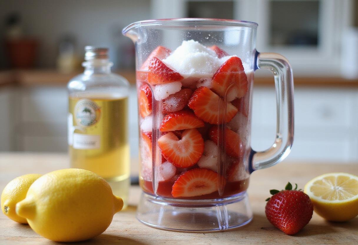 Blending fresh strawberries and ice for homemade country time strawberry lemonade, highlighting the refreshing preparation process.