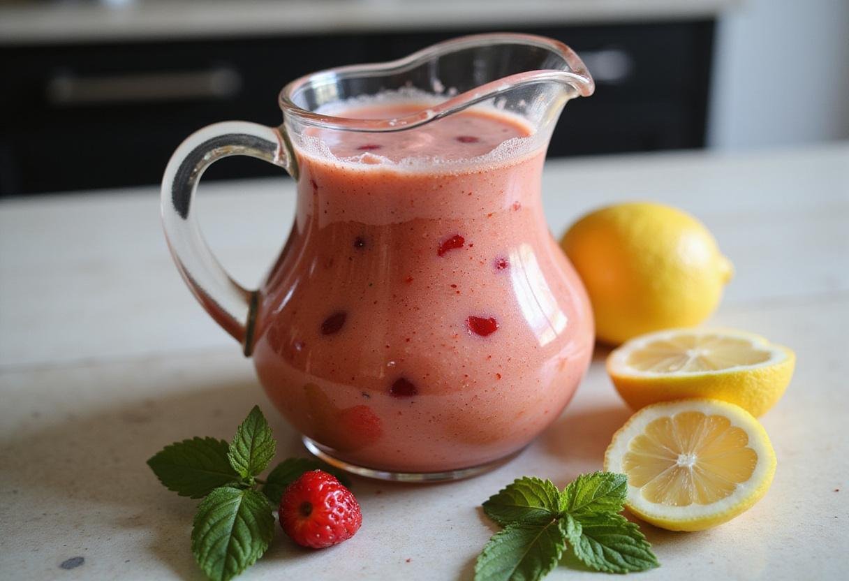 Refreshing strawberry lemonade mixture in a pitcher, perfect for country time strawberry lemonade with lemon and mint garnishes.