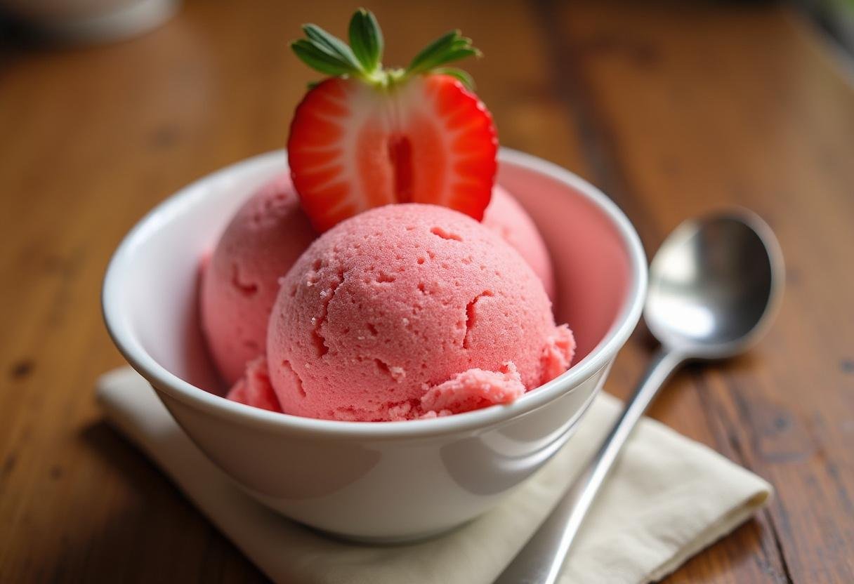 Delicious strawberry sherbet served in a bowl, showcasing the final presentation of homemade strawberry sherbet recipe.