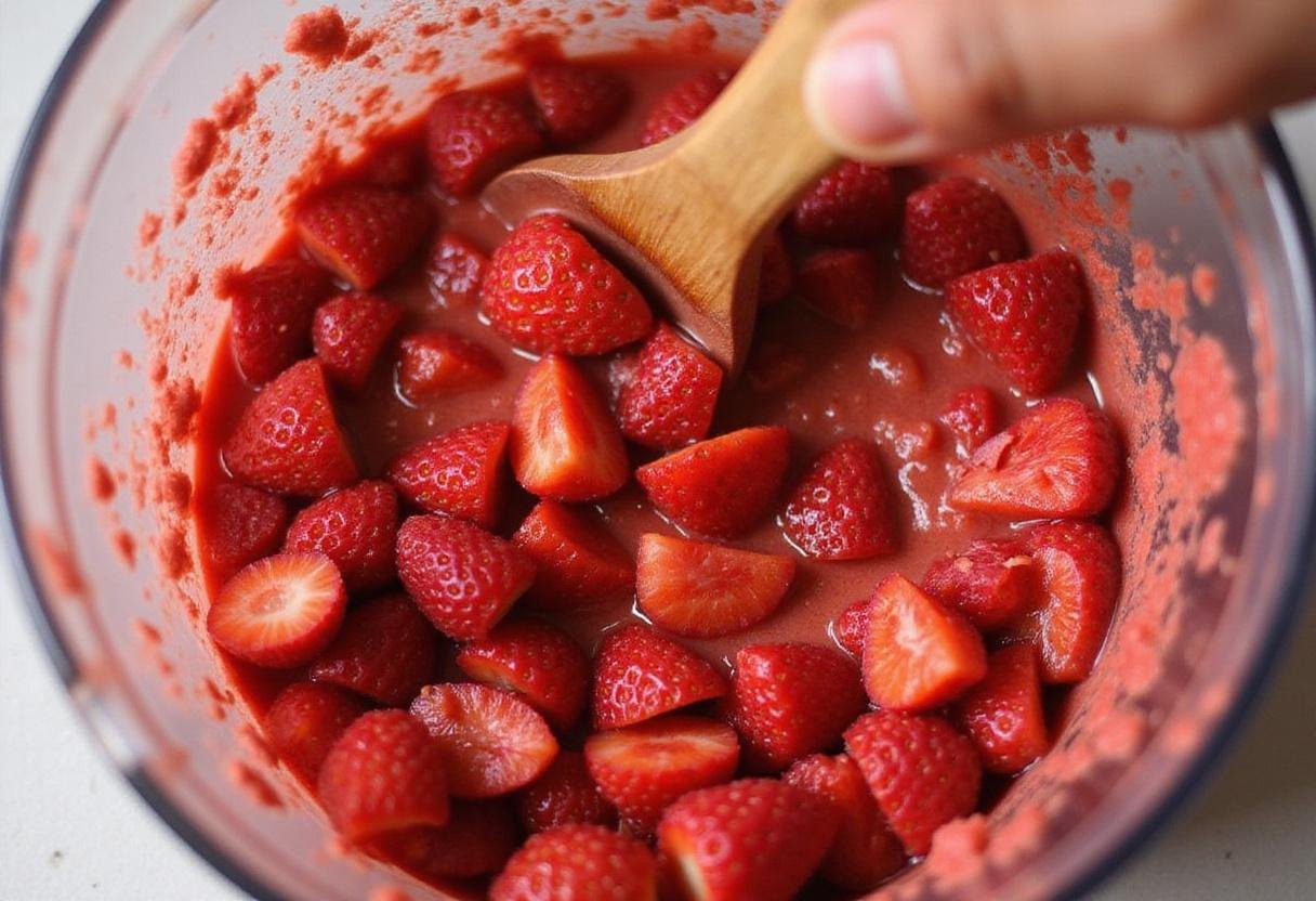 Fresh strawberries being blended to make strawberry sherbet puree, essential step in a strawberry sherbet recipe.