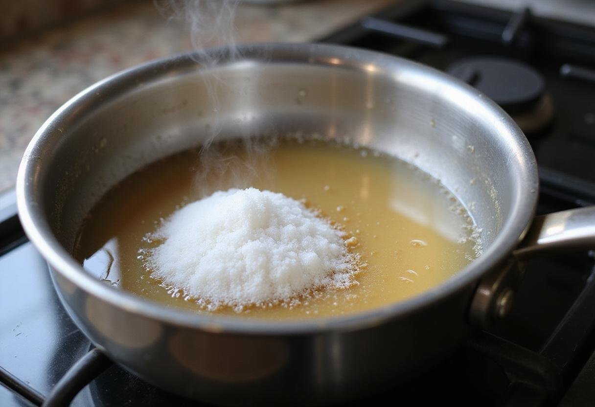 Sugar and water heating in a saucepan to create syrup for strawberry sherbet, a key ingredient in the strawberry sherbet recipe.