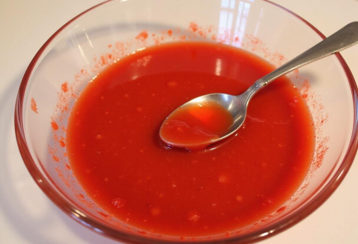 Mixing strawberry puree with sugar syrup in a bowl, an important phase in the preparation of strawberry sherbet.