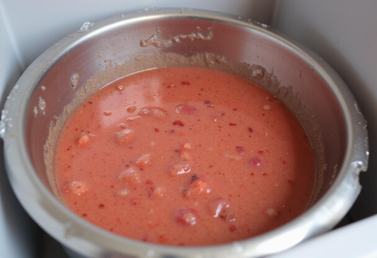 Container with strawberry mixture going into the freezer to become cold and creamy, critical step in making strawberry sherbet.