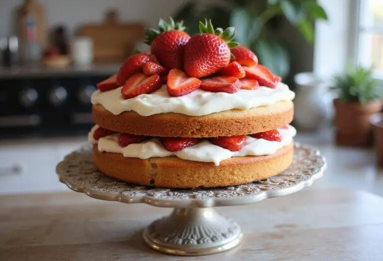 Finished strawberry vanilla cake fantasy decorated with fresh strawberries, showcasing a delicious vanilla cake with strawberry filling, presented on a beautiful cake stand in a cozy kitchen.