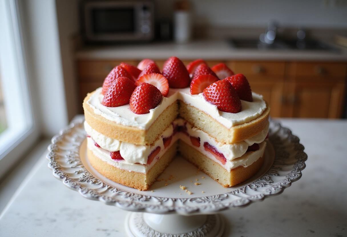 Finished strawberry vanilla cake fantasy decorated with fresh strawberries, showcasing a delicious vanilla cake with strawberry filling, presented on a beautiful cake stand in a cozy kitchen.