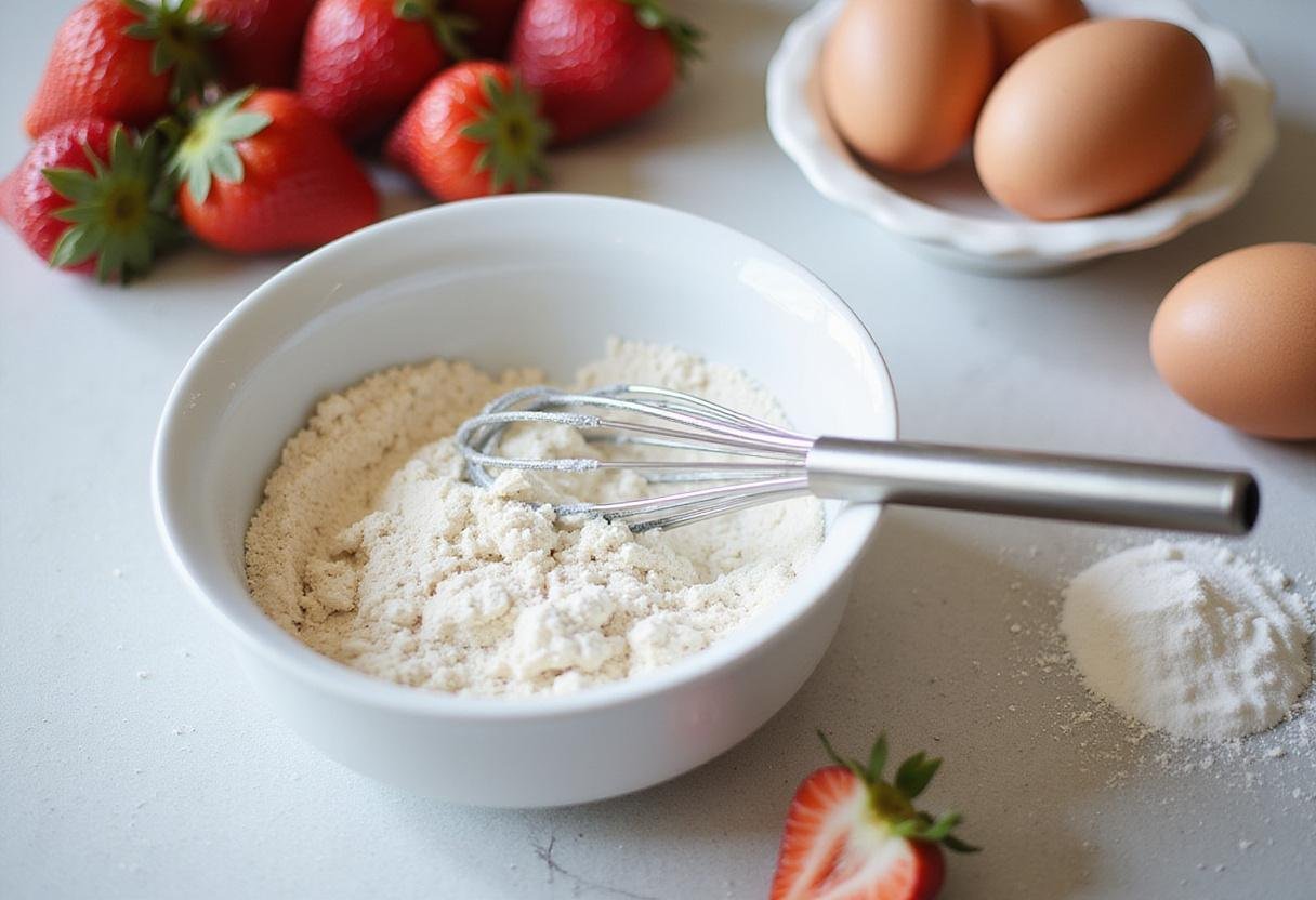 Preparing the dry ingredients for vanilla cake with strawberry filling, showcasing fresh strawberries, while mixing flour and sugar in a bright kitchen.