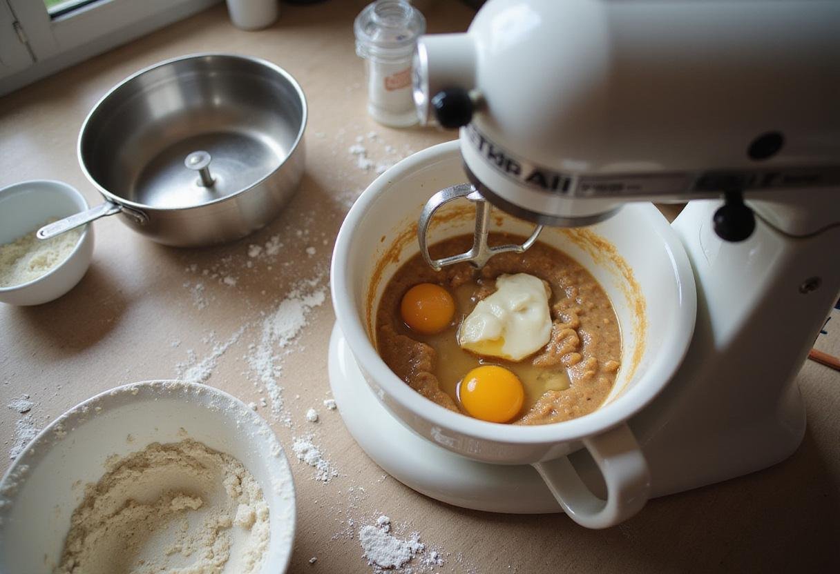 Mixing a creamy batter for vanilla cake with strawberry filling using a stand mixer in a vibrant kitchen, surrounded by baking tools and a touch of flour.