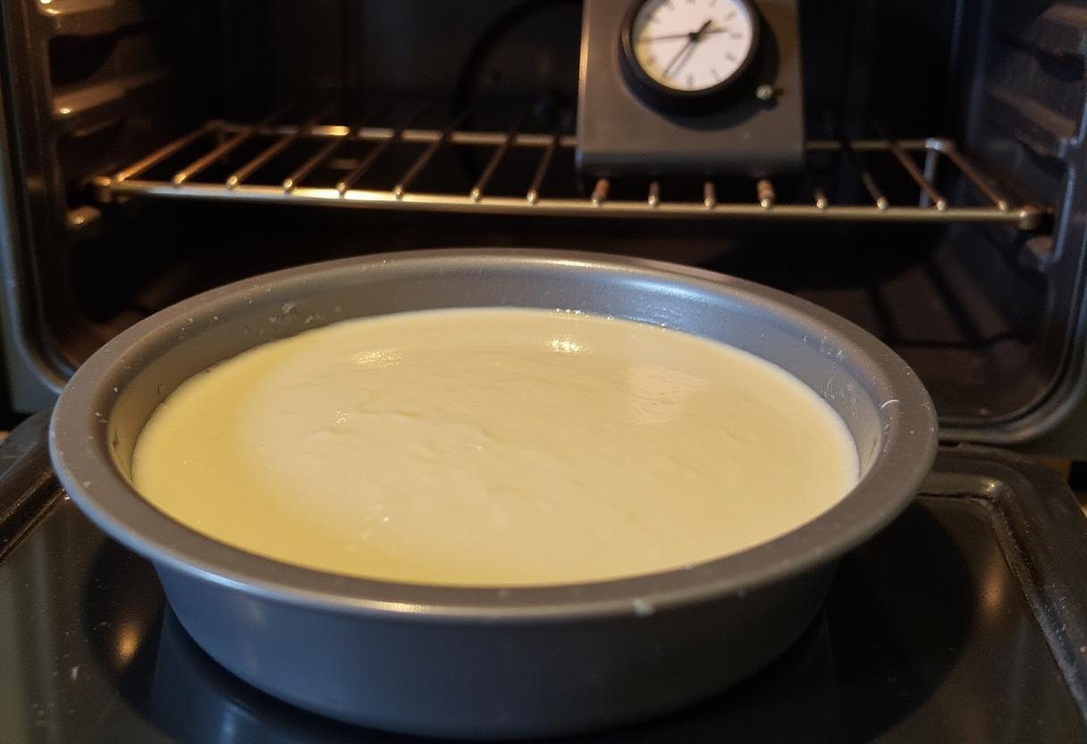 A round cake pan filled with vanilla batter for a delightful vanilla cake with strawberry filling, set against the backdrop of an oven preheating in a homey kitchen.