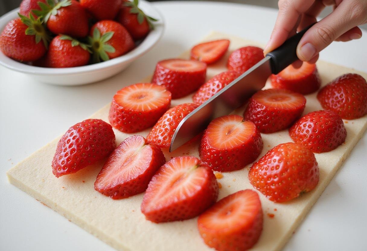 Slicing fresh strawberries for a homemade vanilla cake with strawberry filling, arranged on a countertop next to cooled layers of cake, hinting at the upcoming assembly.