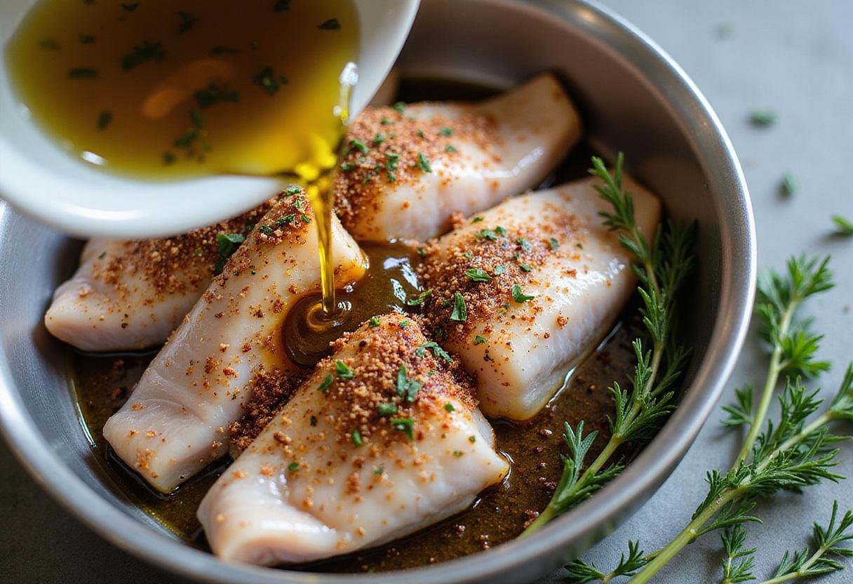 Marinating fresh striper fish with spices and olive oil for flavorful striper recipes.