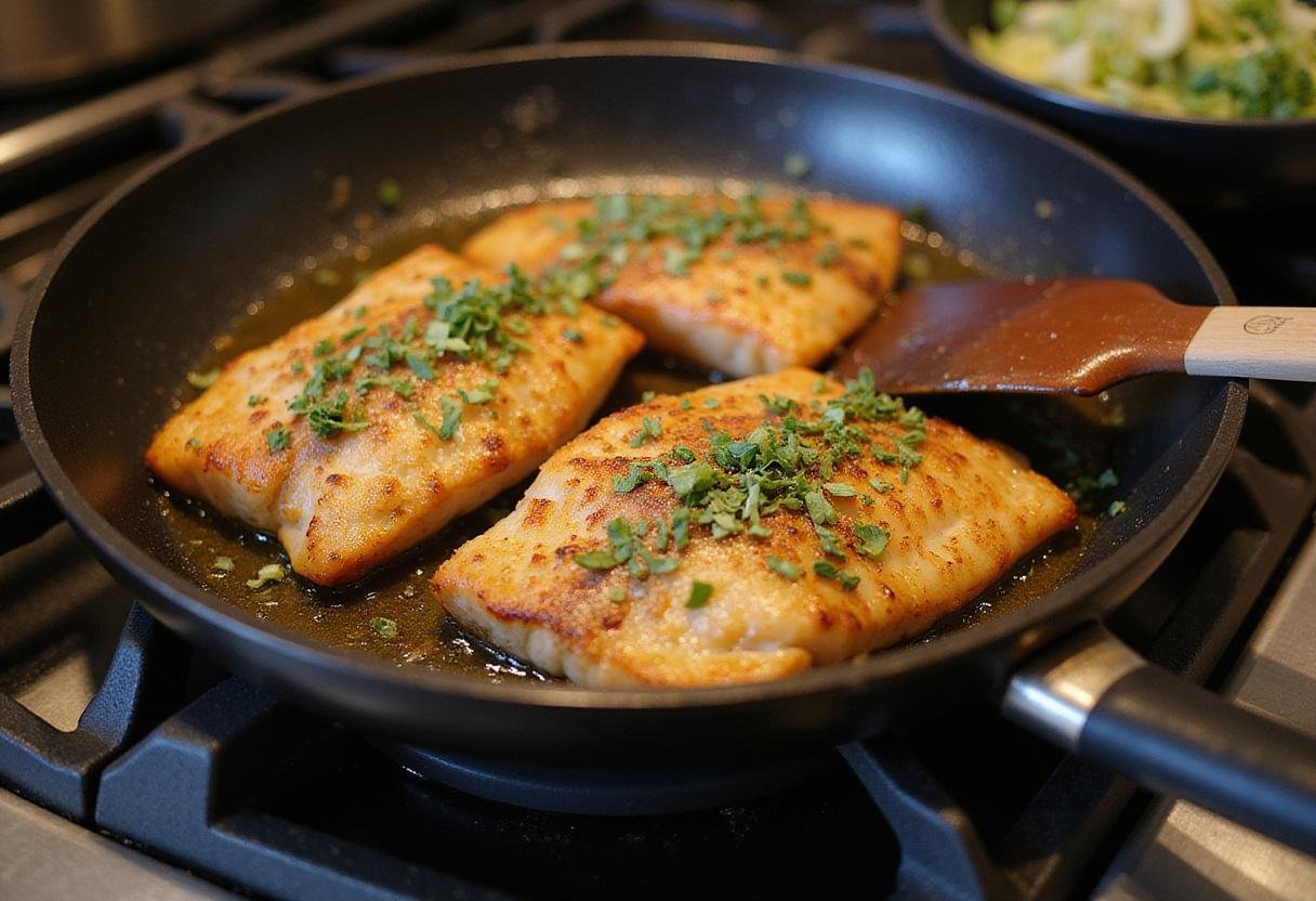 Sizzling marinated striper fish being cooked in a skillet, ideal for fantastic striper recipes.