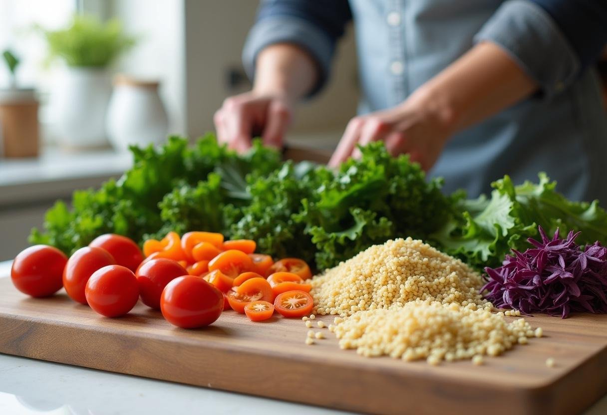 Fresh vegetables being prepared for a Superfood Packed Salad Bowl.