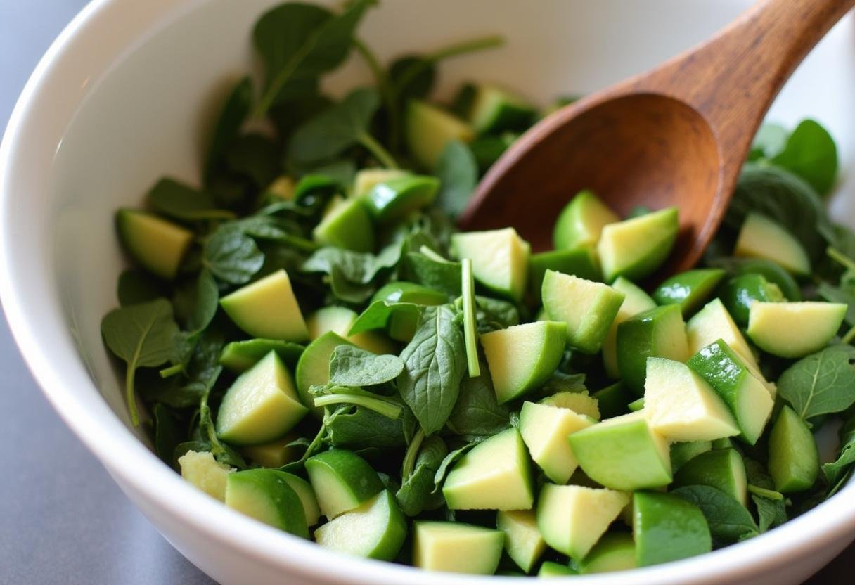 Mixing fresh greens and vegetables for Superfood Packed Salad Bowl.