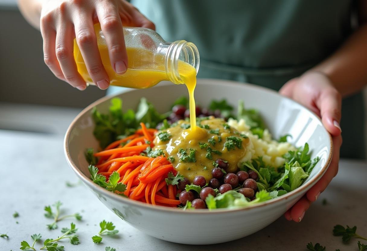 Drizzling vinaigrette over salad ingredients for Superfood Packed Salad Bowl.