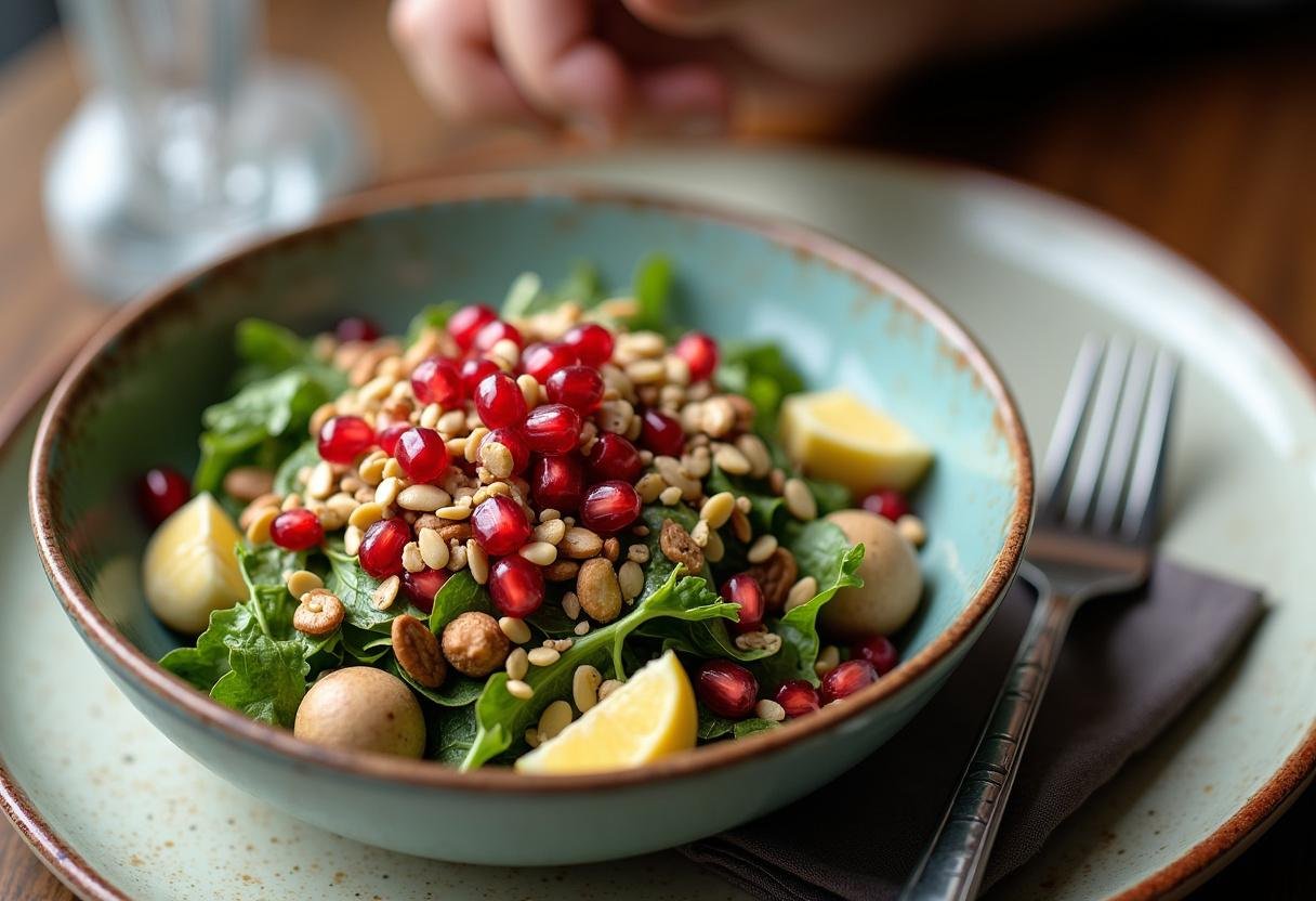 Adding toppings to a Superfood Packed Salad Bowl before serving.