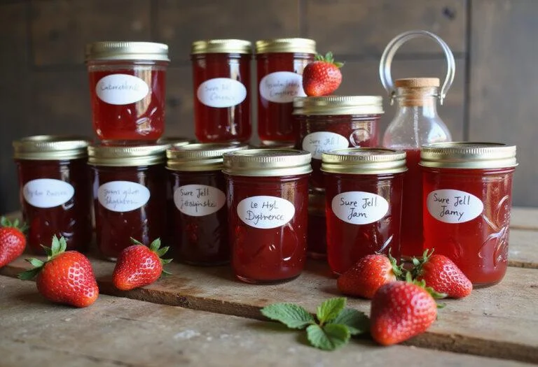 Final display of homemade Sure Jell strawberry freezer jam jars with fresh strawberries, ideal for showcasing the delicious result.