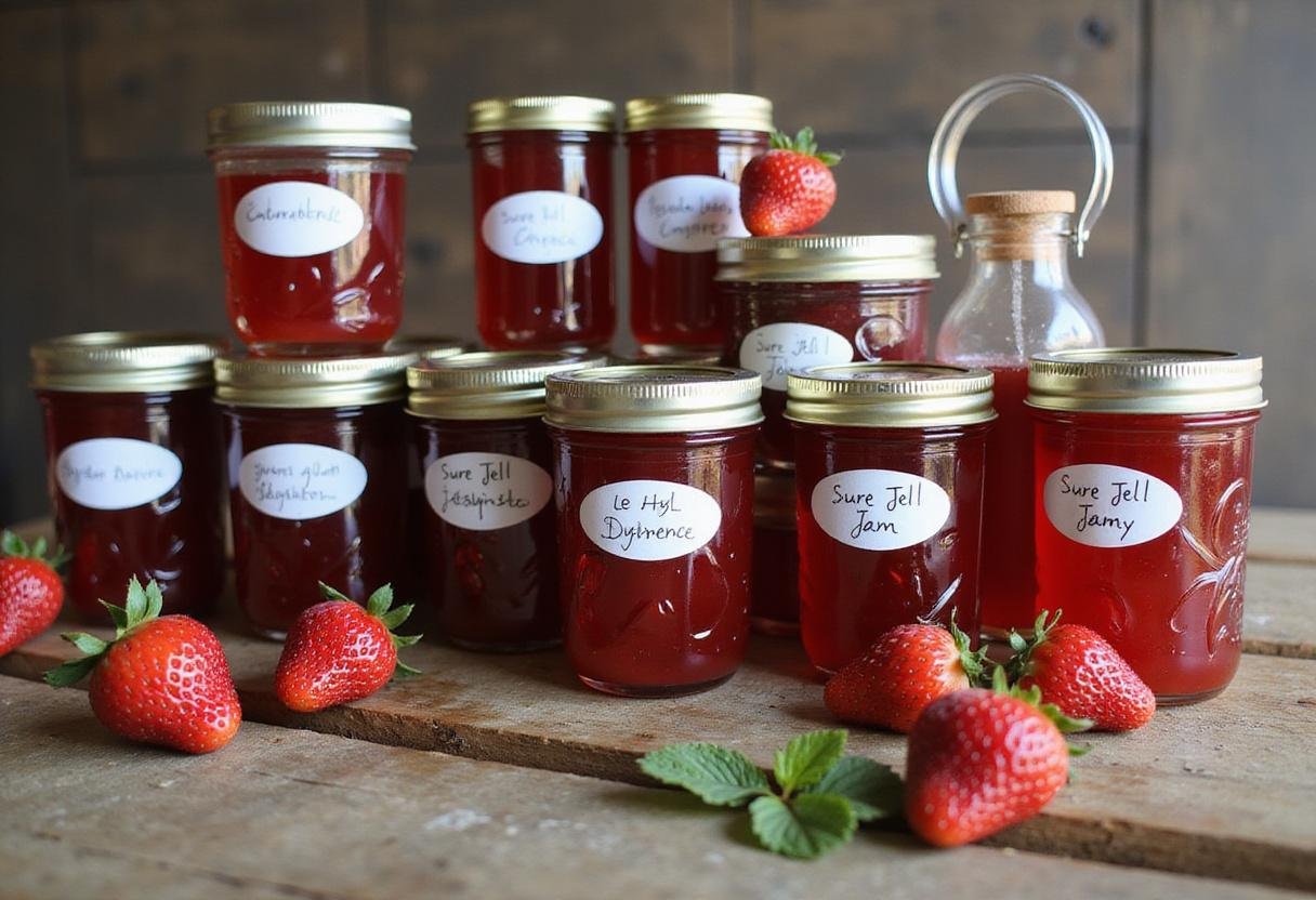 Final display of homemade Sure Jell strawberry freezer jam jars with fresh strawberries, ideal for showcasing the delicious result.