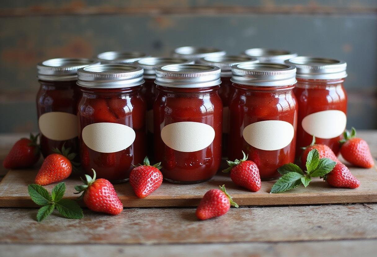 Final display of homemade Sure Jell strawberry freezer jam jars with fresh strawberries, ideal for showcasing the delicious result.