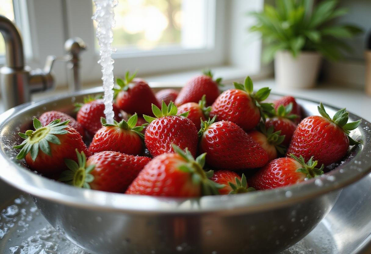Fresh strawberries being washed for sure jell strawberry jam preparation in a bright kitchen.