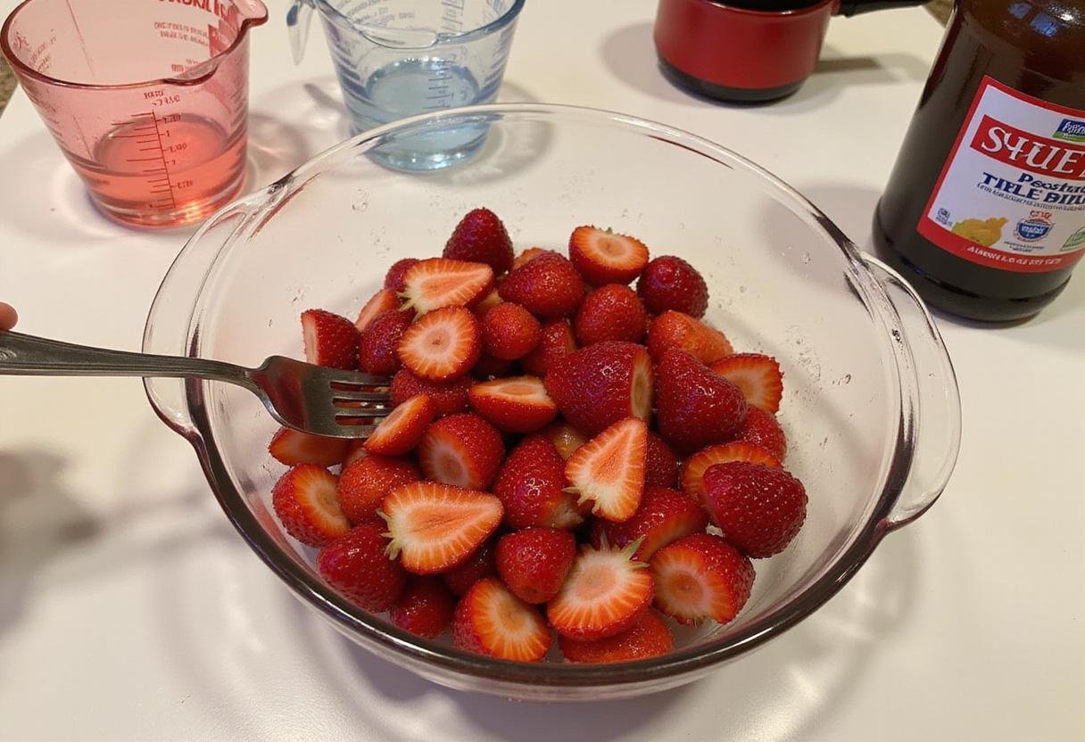 Strawberries mashed for sure jell strawberry jam recipe preparation, showcasing ingredients like Sure Jell pectin on a kitchen countertop.