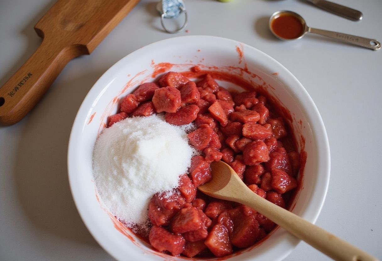Ingredients mixed together for sure jell strawberry freezer jam, featuring mashed strawberries and sugar in a mixing bowl on a kitchen countertop.