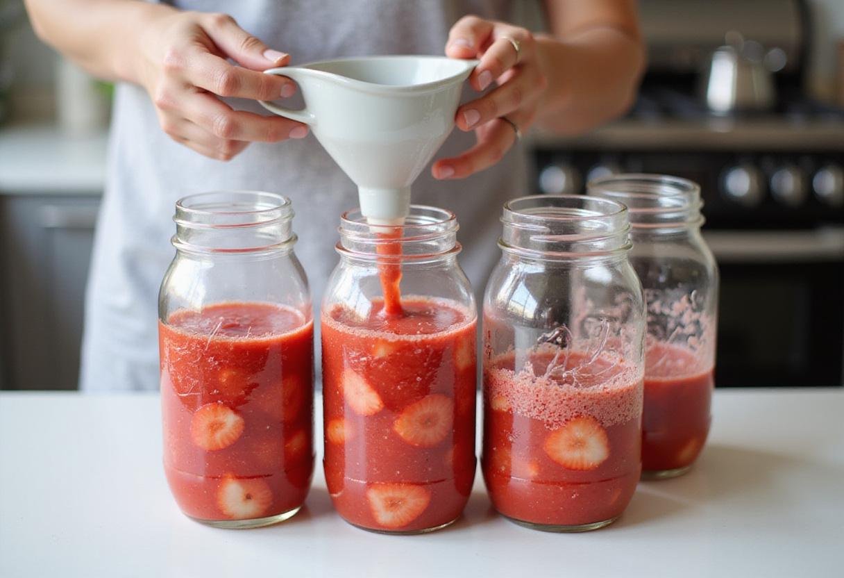 Filling glass jars with sure jell strawberry jam mixture, preparing for storage in the kitchen.