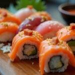 Final presentation of sushi do, highlighting the artistic arrangement and freshness of sushi rolls.