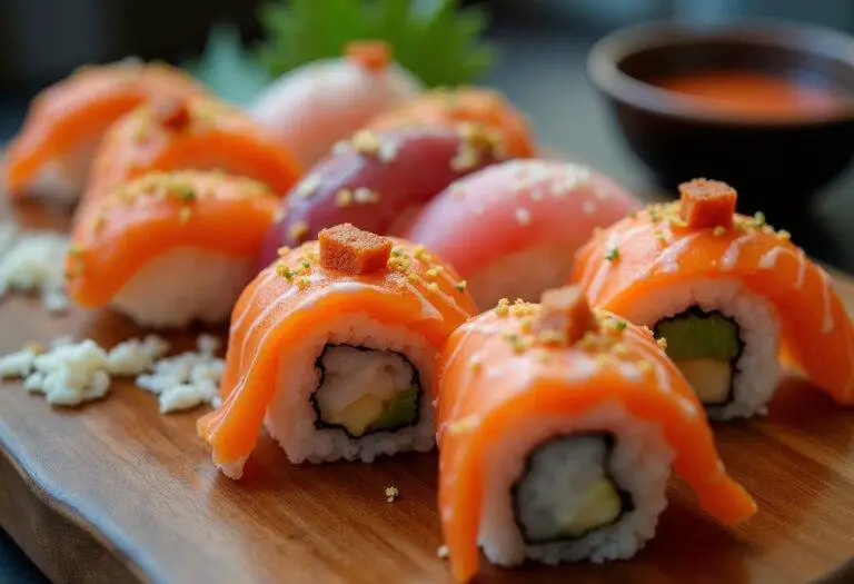 Final presentation of sushi do, highlighting the artistic arrangement and freshness of sushi rolls.