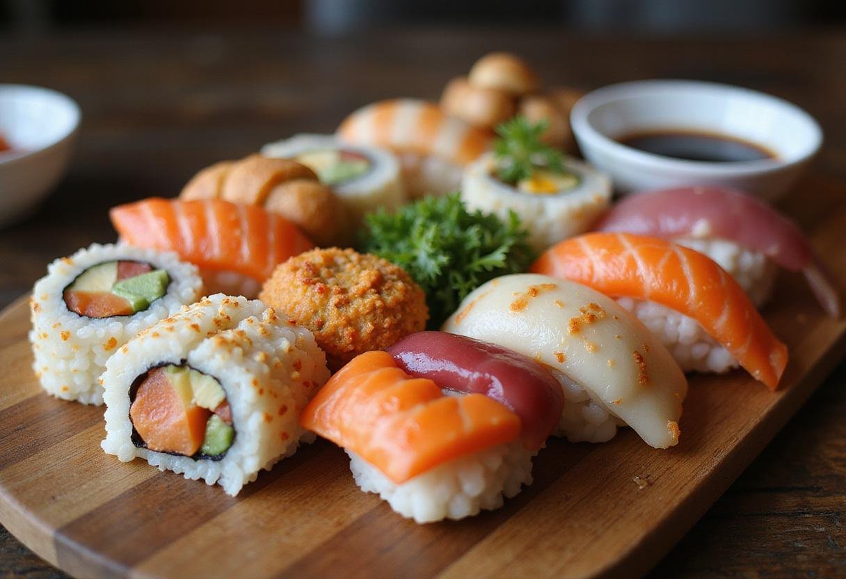 Final presentation of sushi do, highlighting the artistic arrangement and freshness of sushi rolls.