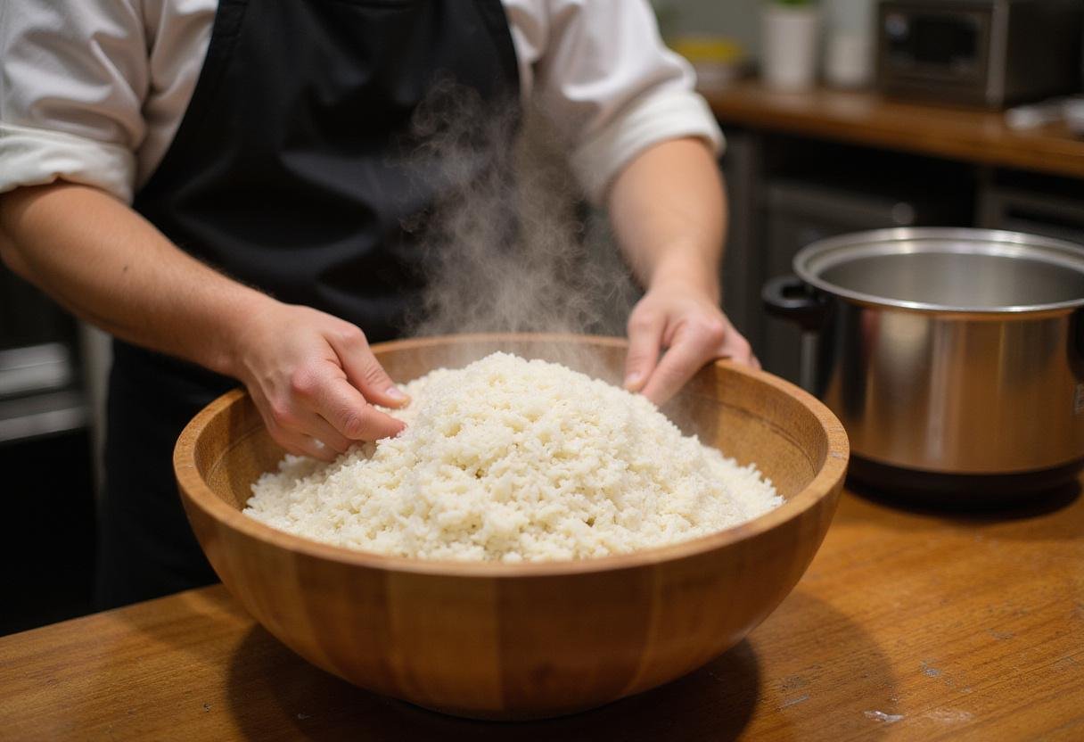 Preparing sushi rice for sushi do, rinsing rice under cold water for a delicate texture.