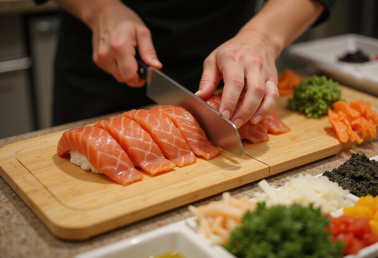 Slicing fresh fish for sushi do, showcasing skillful knife techniques and high-quality ingredients.