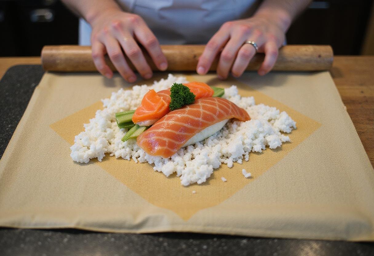 Rolling sushi do, with rice and fresh ingredients on a bamboo mat, ready for the perfect sushi roll.
