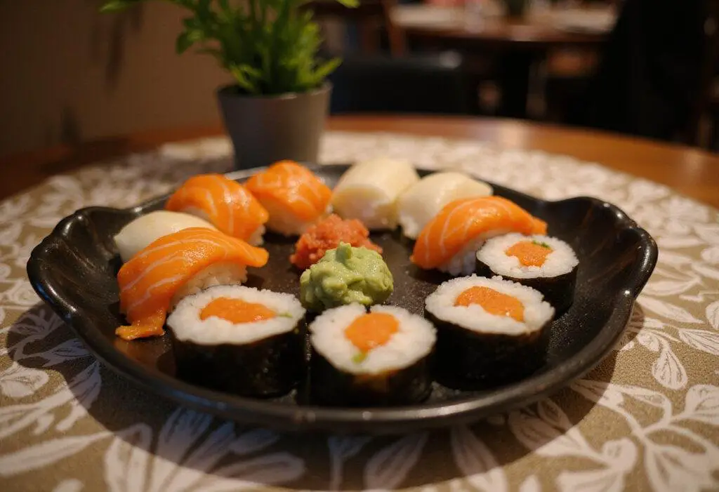 Sushi Tendou's heavenly sushi platter displayed beautifully, garnished and ready to serve.